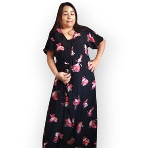 Reitmans Black & Pink Floral V-Neck Maxi Wrap Dress